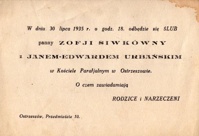 Zaproszenie na ślub Zofii Siwk&oacute;wny  Jana Edwarda Urbańskiego