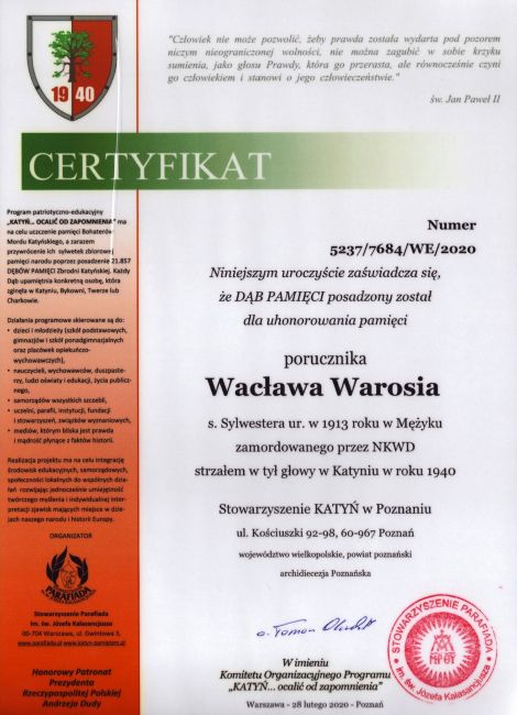 Waros_Waclaw-CeryfikatDabPamieci Certyfikat dębu pamięci Wacława Waroś