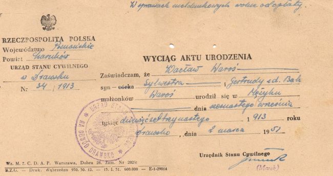 Odpis aktu urodzenia Wacława Waroś