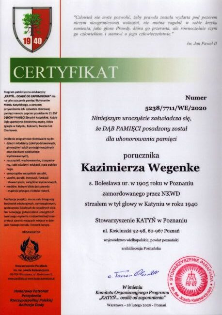 Kazimierz Wegenke certyfikat dębu pamięci