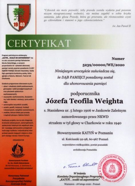 Weight_JozefTeofil-certyfikatDebuPamieci Certyfikat dębu pamięci Józefa Weight
