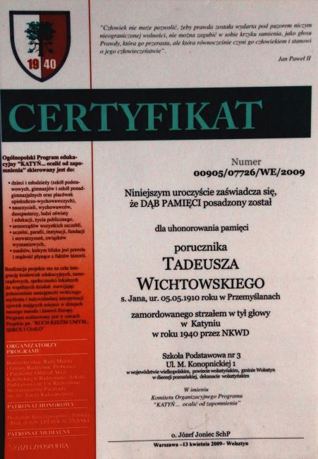 Tadeusz Wichtowski - certyfikat dębu pamięci.