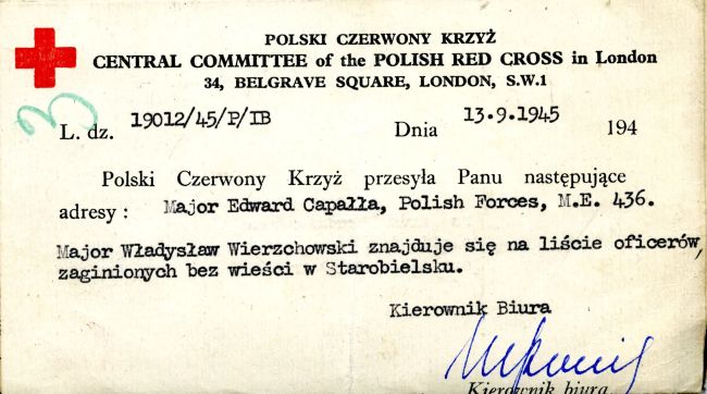 List PCK z Anglii dotyczący Władysława Wierzchowskiego