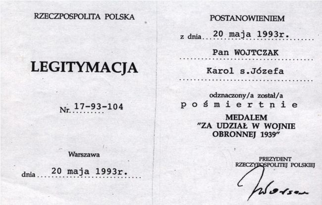 Legitymacja odznaczeniowa Karola Wojtczaka