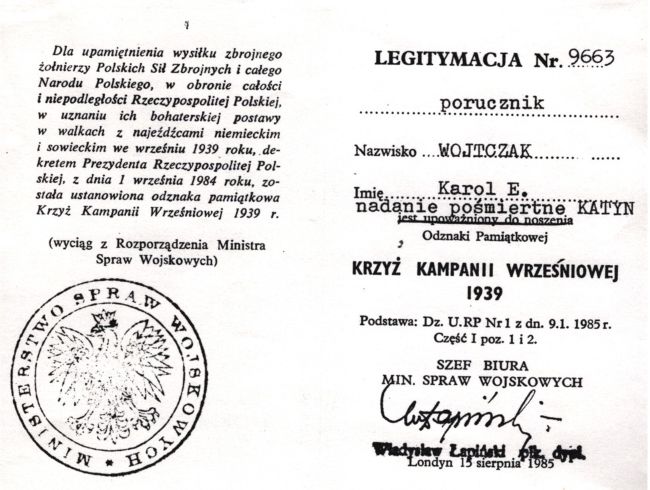 Legitymacja odznaczeniowa Karola Wojtczaka