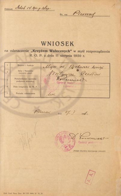 Wniosek o Krzyż Walecznych Czesław Wojtkowiak
