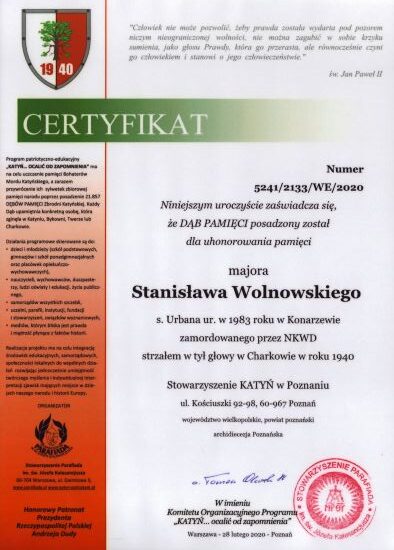 Wolnowski_Stanislaw-CertyfikatDebuPamieci Certyfikat dębu pamięci Stanisława Wolnowskiego