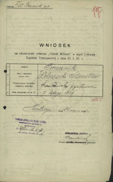 Wniosek o odznaczenie orderem Virtuti Militari Stanisław Wolnowski