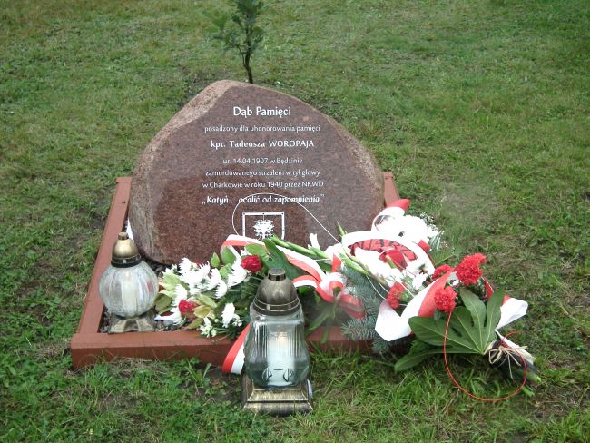 Dąb pamięci i kamień Tadeusza Woropaj.