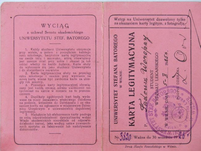 Tadeusz Woropaj karta legitymacyjna uniwersytetu w Wilnie