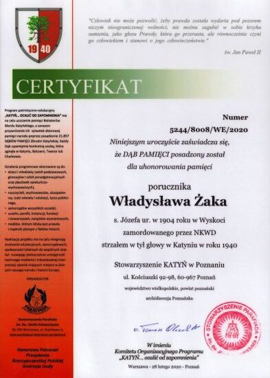 Certyfikat dębu pamięci Władysław Żak