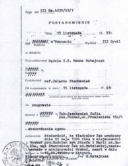 Postanowienie sądu w sprawie Władysława Żaka