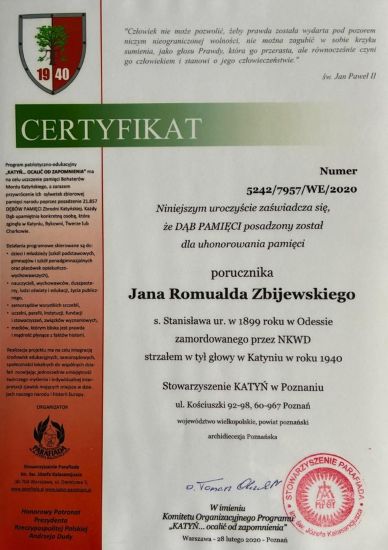 Jan Romuald Zbijewski certyfikat dębu pamieci