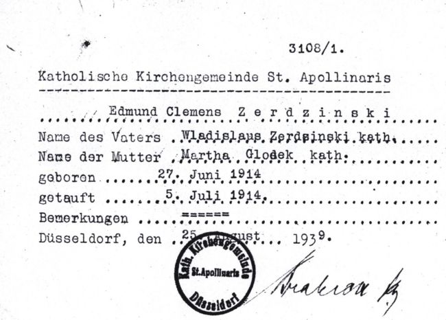 Poświadczenie chrztu Edmunda Żerdzińskiego