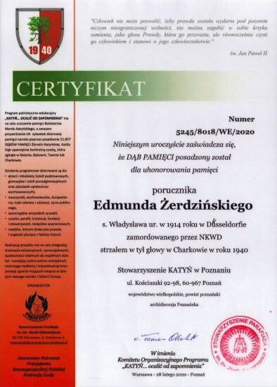 Zerdzinski_Edmund-dabPamieci Certyfikat dębu pamięci Edmunda Żerdzińskiego