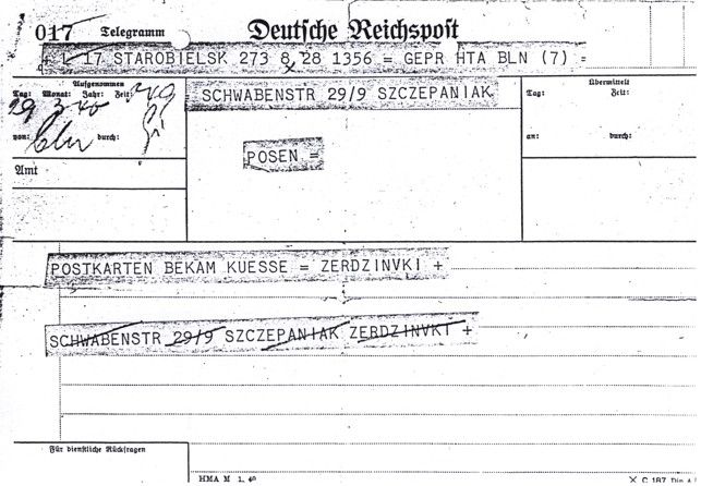 Telegram z obozu NKWD w Starobielsku Edmunda
Żerdzińskiego