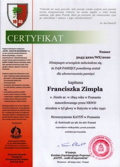 Certyfikat dębu pamięci Franciszka Zimpela