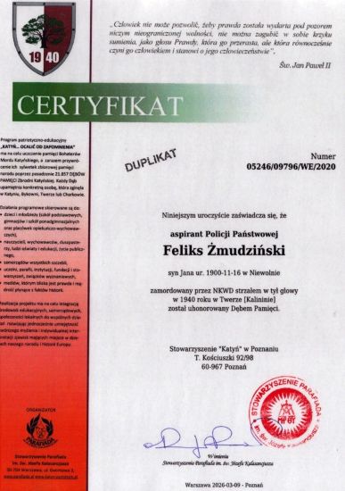 Zmudzinski_Feliks-CertyfikatDebuPamieci1 Feliks Żmudziński certyfikat dębu pamięci