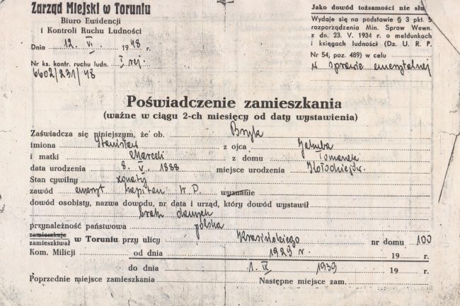 Poświadczenie zamieszkania Stanisława Bryk