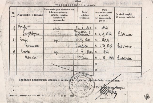 Poświadczenie zamieszkania Stanisława Bryk