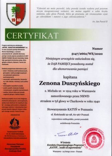 Duszynski_Zenon-CertyfikatDebuPamieci Certyfikat Dębu Pamięci Zenona Duszyńskiego