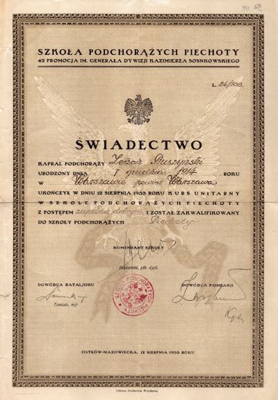 Świadectwo ukończenia Szkoły Podchorążych przez Zenona Duszyńskiego