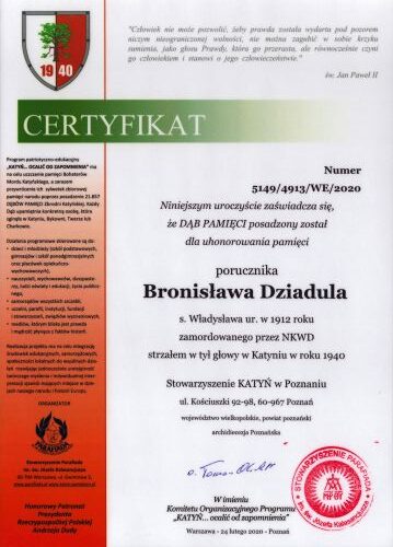 Dziadul_Bronislaw-CertyfikatDębuPamięci Certyfikat Dębu Pamięci Bronisława Dziadula