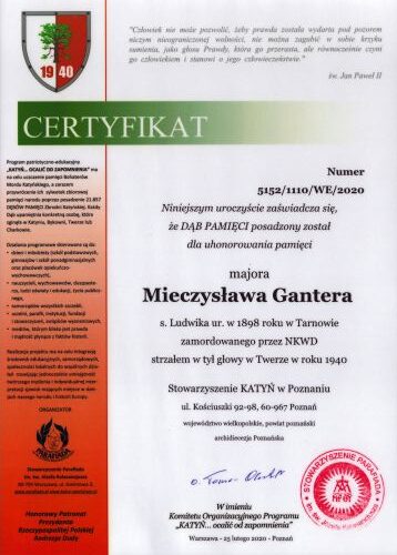 Certyfikat Dębu Pamięci Mieczysława Gantera