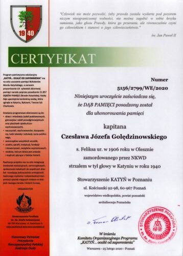 Czesław J&oacute;zef Golędzinowski - certyfikat Dębu Pamięci