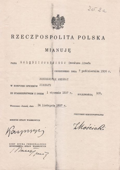 Dokument mianowania porucznikiem Czesława Golędzinowskiego