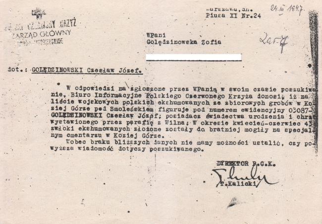 List z PCK dotyczący Czesława J&oacute;zefa Golędzinwskiego