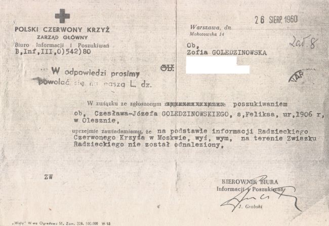 List z PCK dotyczący Czesława J&oacute;zefa Golędzinwskiego