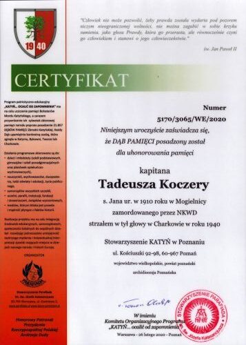 Certyfikat Dębu Pamięci Tadeusza Koczera