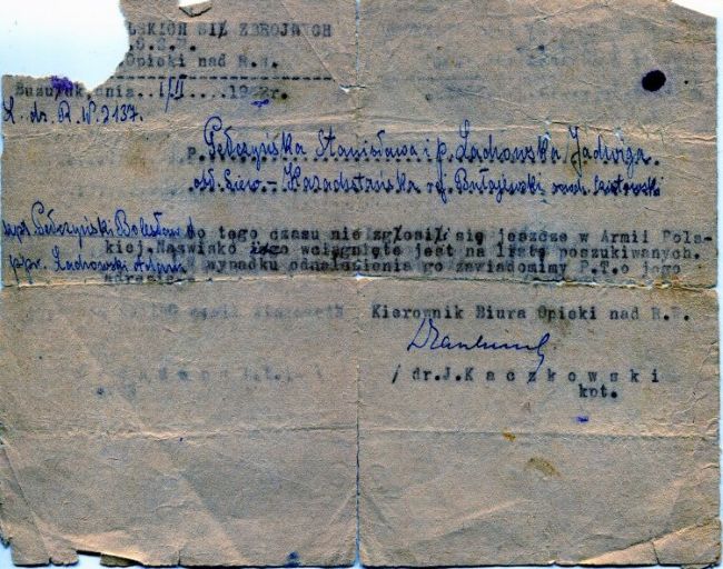 Informacja z Armii Andersa dotycząca Adama Lachowskiego