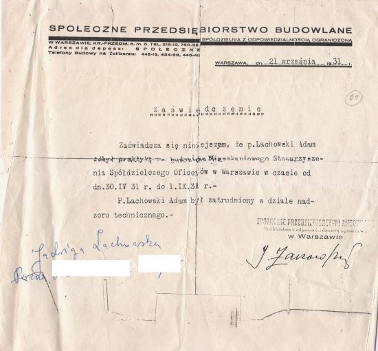 Zaświadczenie Adama Lachowskiego o odbyciu zaświadczeń