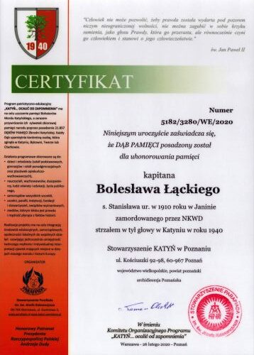 Bolesław Łącki - certyfikat Dębu Pamięci