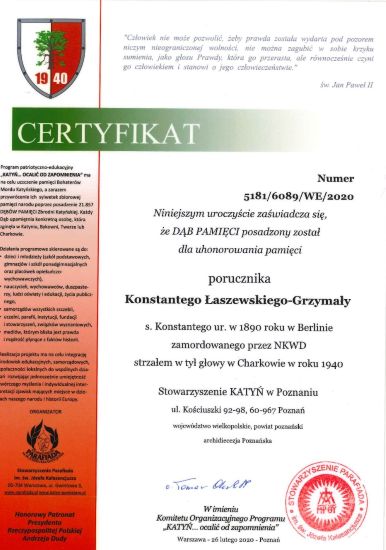 Certyfikat dębu pamięci Konstantego Łaszewskiego Grzymały