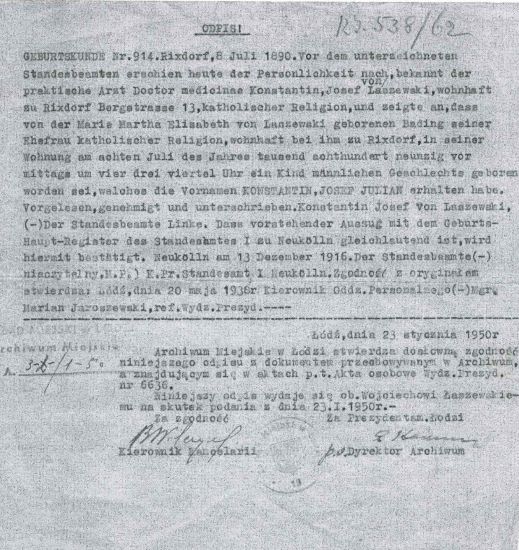 Odpis aktu urodzenia Konstantego Łaszewskiego Grzymały