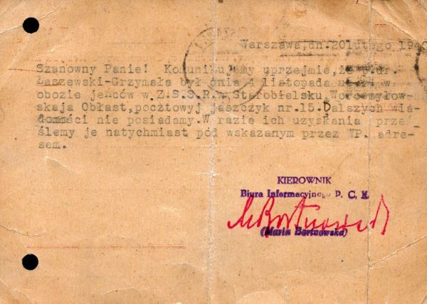 List z PCK dotyczący doktora Konstantego Łaszewskiego-Grzymały.