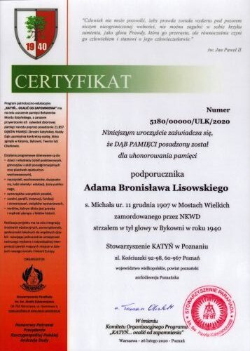 Certyfikat Dębu Pamięci Adama Lisowskiego.