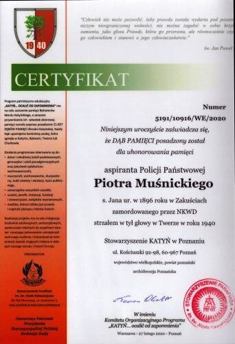 Musnicki_Piotr-CertyfikatDebyPamieci Certyfikat Dębu Pamięci Piotra Muśnickiego