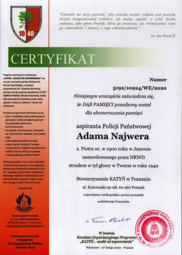 Certyfikat Dębu Pamięci Adama Najwerta