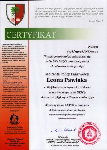 Certyfikat Dębu Pamięci Leona Pawlaka