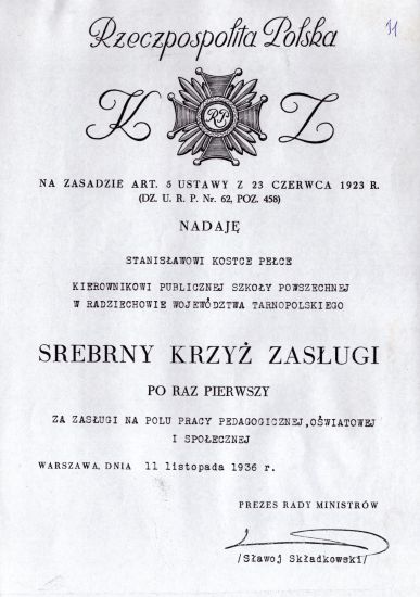 Dyplom Stanisław Pełka Srebrny Krzyż Zasługi