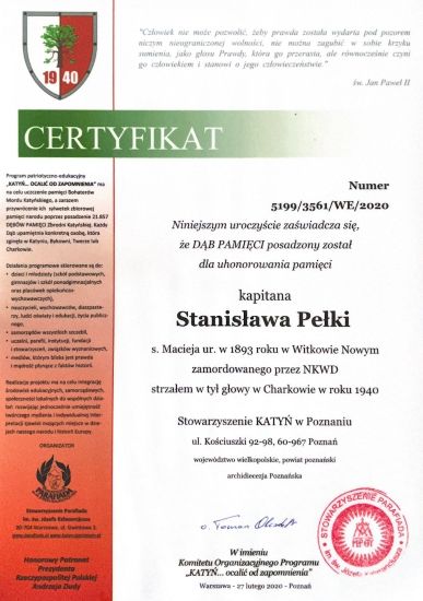 Stanisław Pełka - certyfikat dębu pamięci