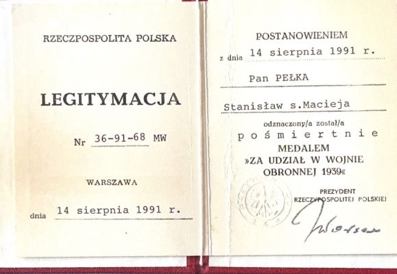 Legitymacja nominacji Stanisława Pełki