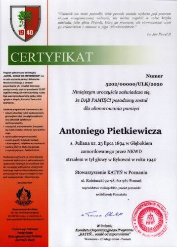 Certyfikat Dębu Pamięci Antoni Pietkiewicz