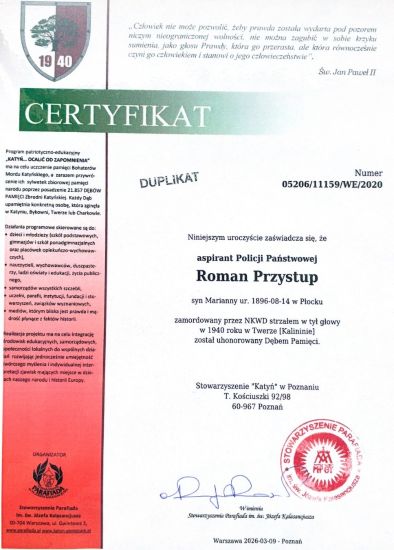 Przystup_Roman-CertyfikatDebuPamieci1 Certyfikat Dębu Pamięci Romana Przystup