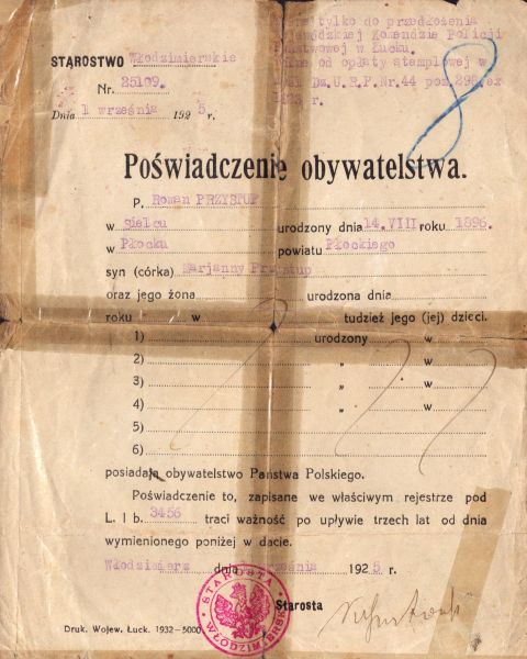 Poświadczenie obywatelstwa Romana Przystupa