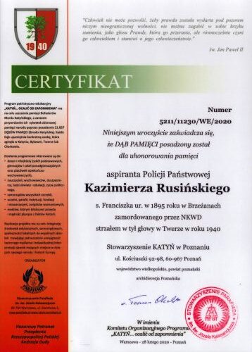 Certyfikat Pamięci Dębu Pamięci Kazimierza Rusińskiego
